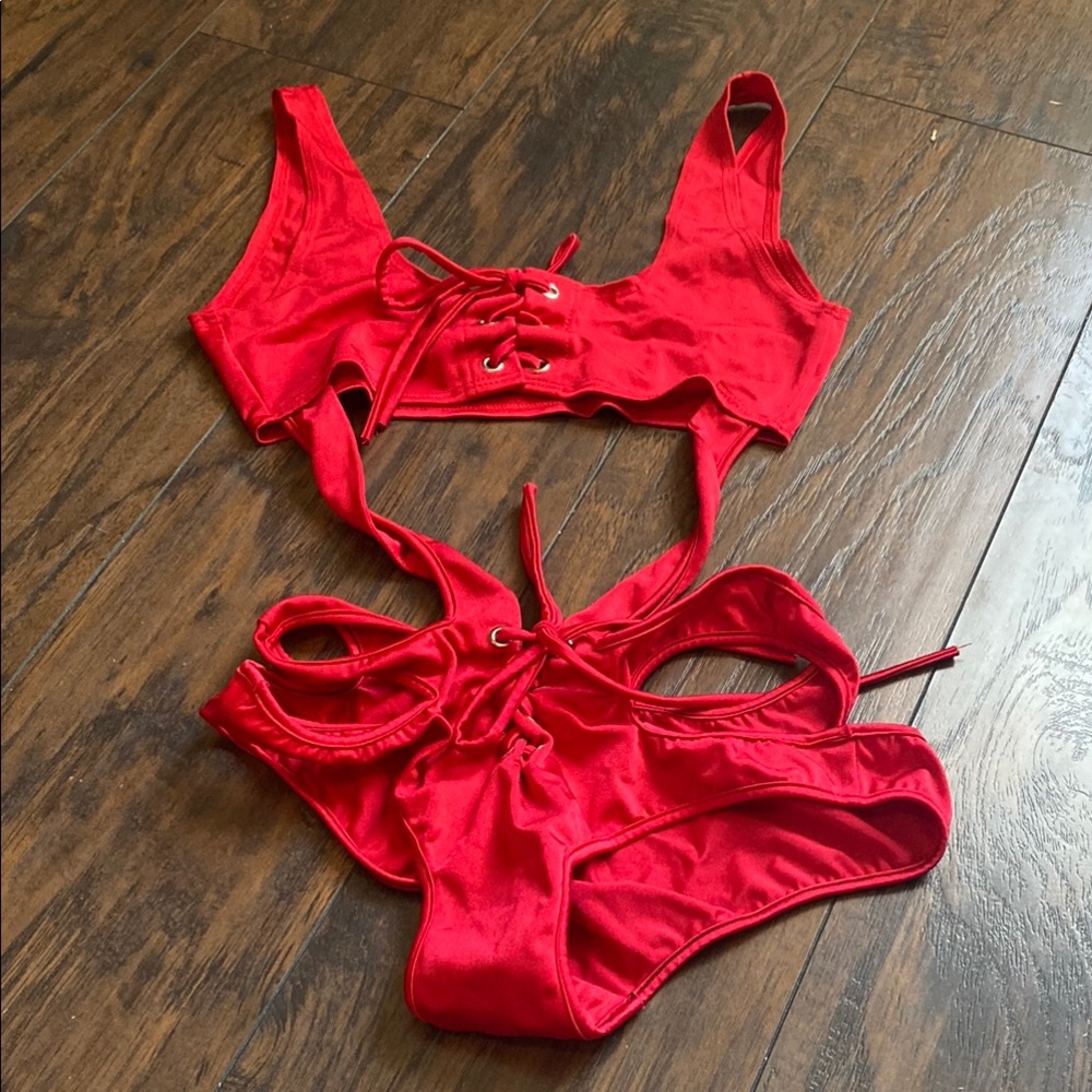 Red Lace-Up spandex body suit